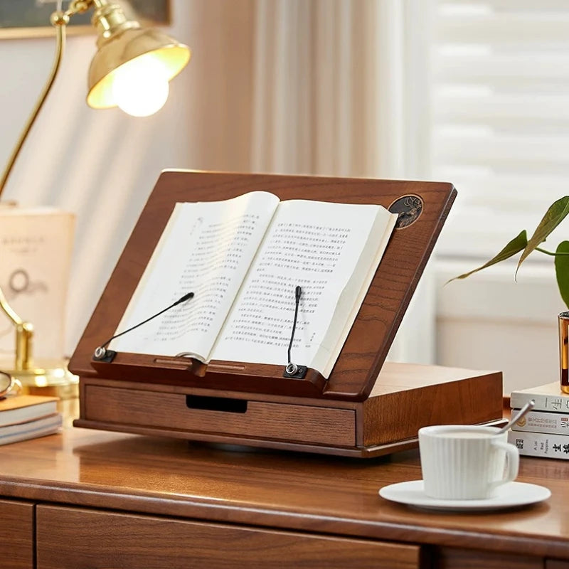 Solid Wood Book Stand with Storage Drawer for Reading & Laptops