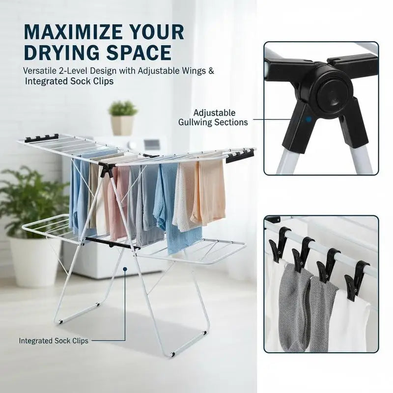 2-Tier Foldable Steel Clothes Drying Rack with Adjustable Gullwing