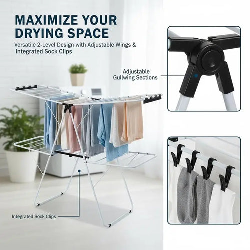 2-Tier Foldable Steel Clothes Drying Rack with Adjustable Gullwing