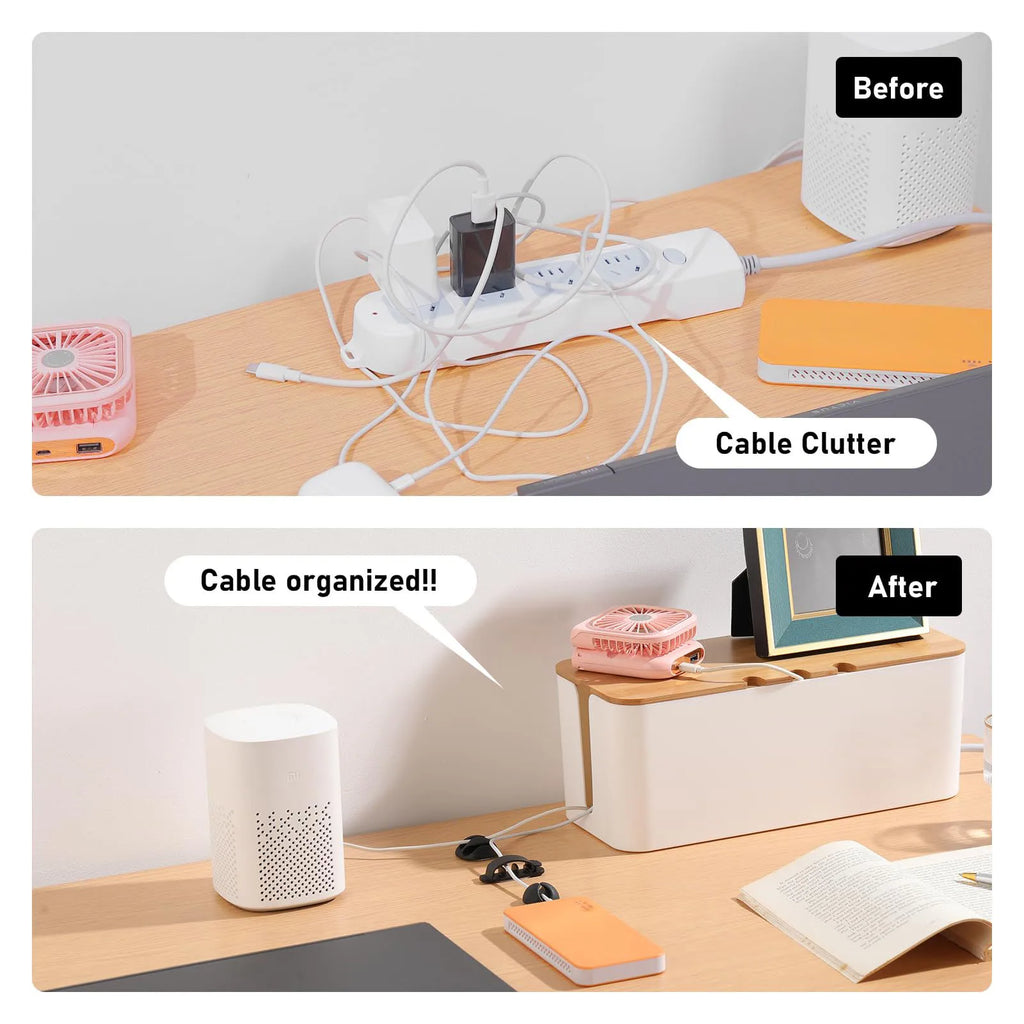 Cable Management Box - Wooden Style Cord Organizer for Desk & TV