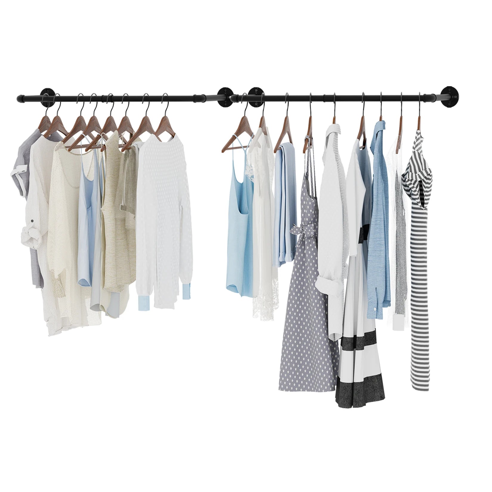 2-Pack Industrial Pipe Wall-Mounted Clothes Rail - Black Iron Rack