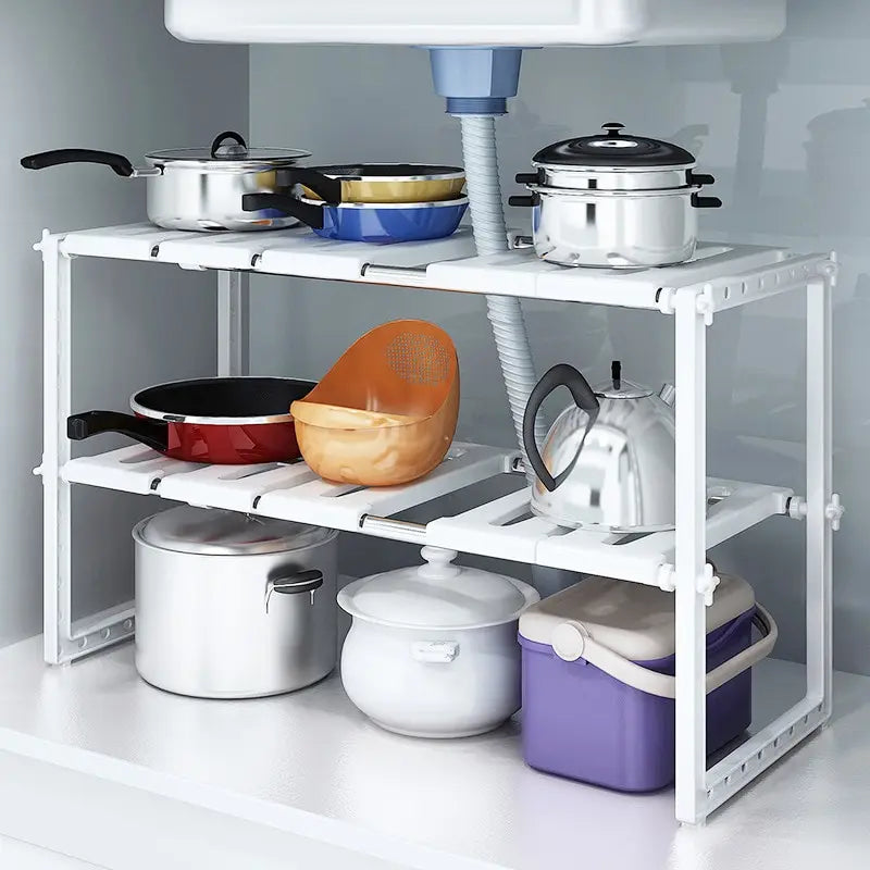 2-Tier Expandable Under Sink Organizer Stainless Steel Storage Shelf