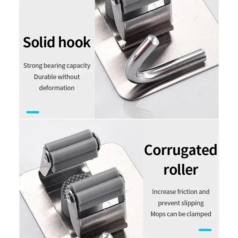 Adhesive Mop & Broom Holder - Stainless Steel Wall Mount Organizer