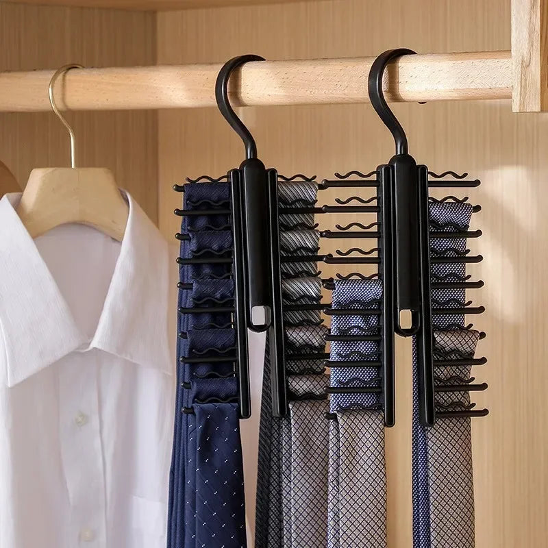 Rotatable 20-Row Tie Hanger & Belt Organizer for Closet Storage