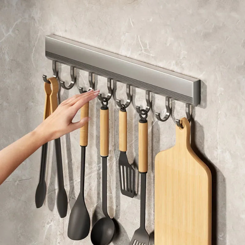 Wall Mounted Kitchen Hook Rack - Space Aluminum No-Drill Storage