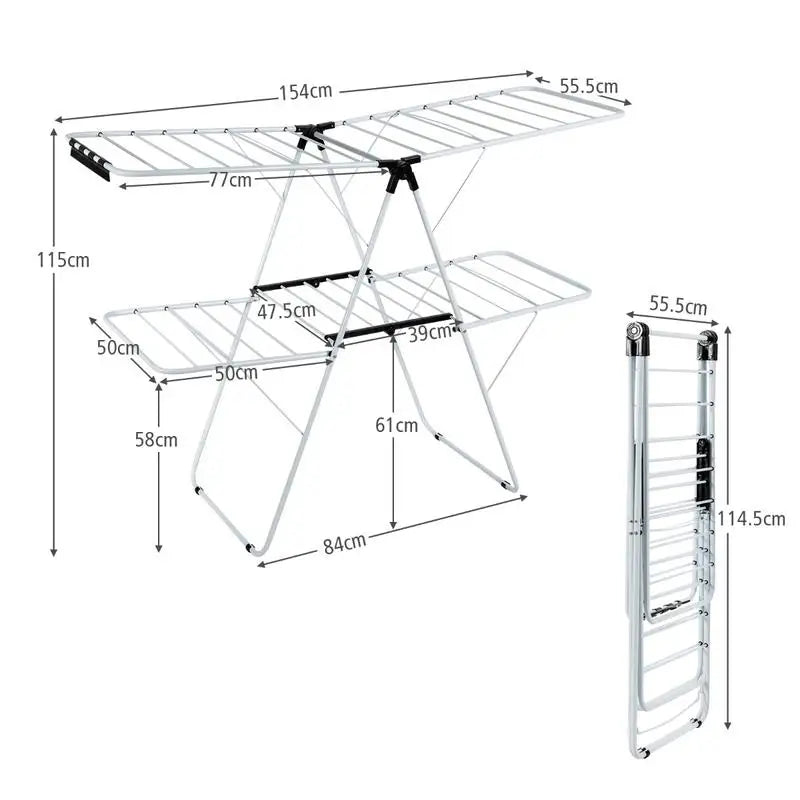 2-Tier Foldable Steel Clothes Drying Rack with Adjustable Gullwing