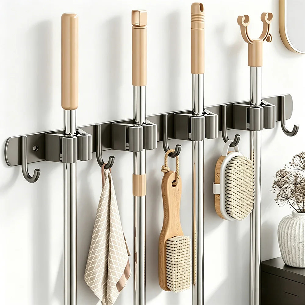 Stainless Steel Wall Mounted Mop & Broom Holder - No-Drill Storage