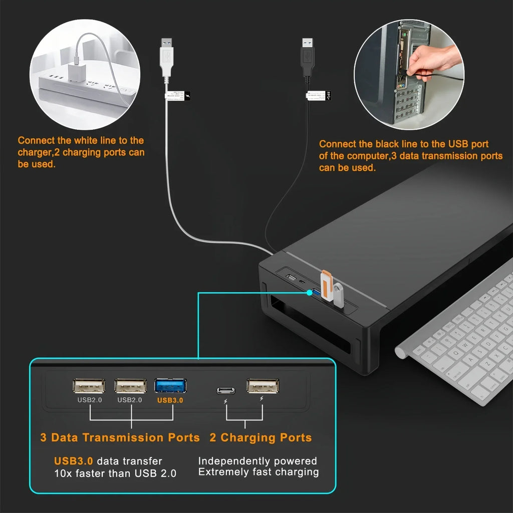 Foldable Monitor Stand Riser with Storage Drawer & Phone Holder