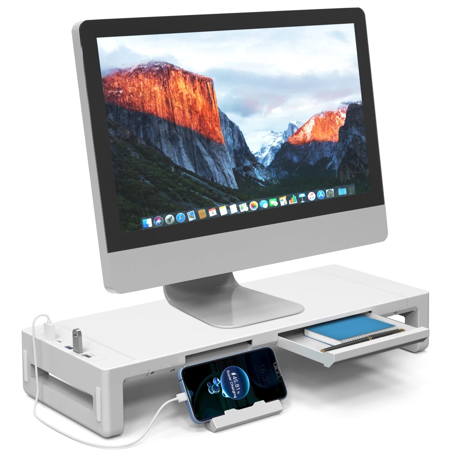Foldable Monitor Stand Riser with Storage Drawer & Phone Holder