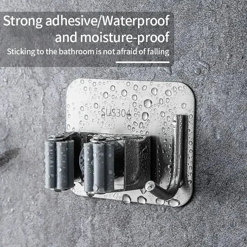 Adhesive Mop & Broom Holder - Stainless Steel Wall Mount Organizer