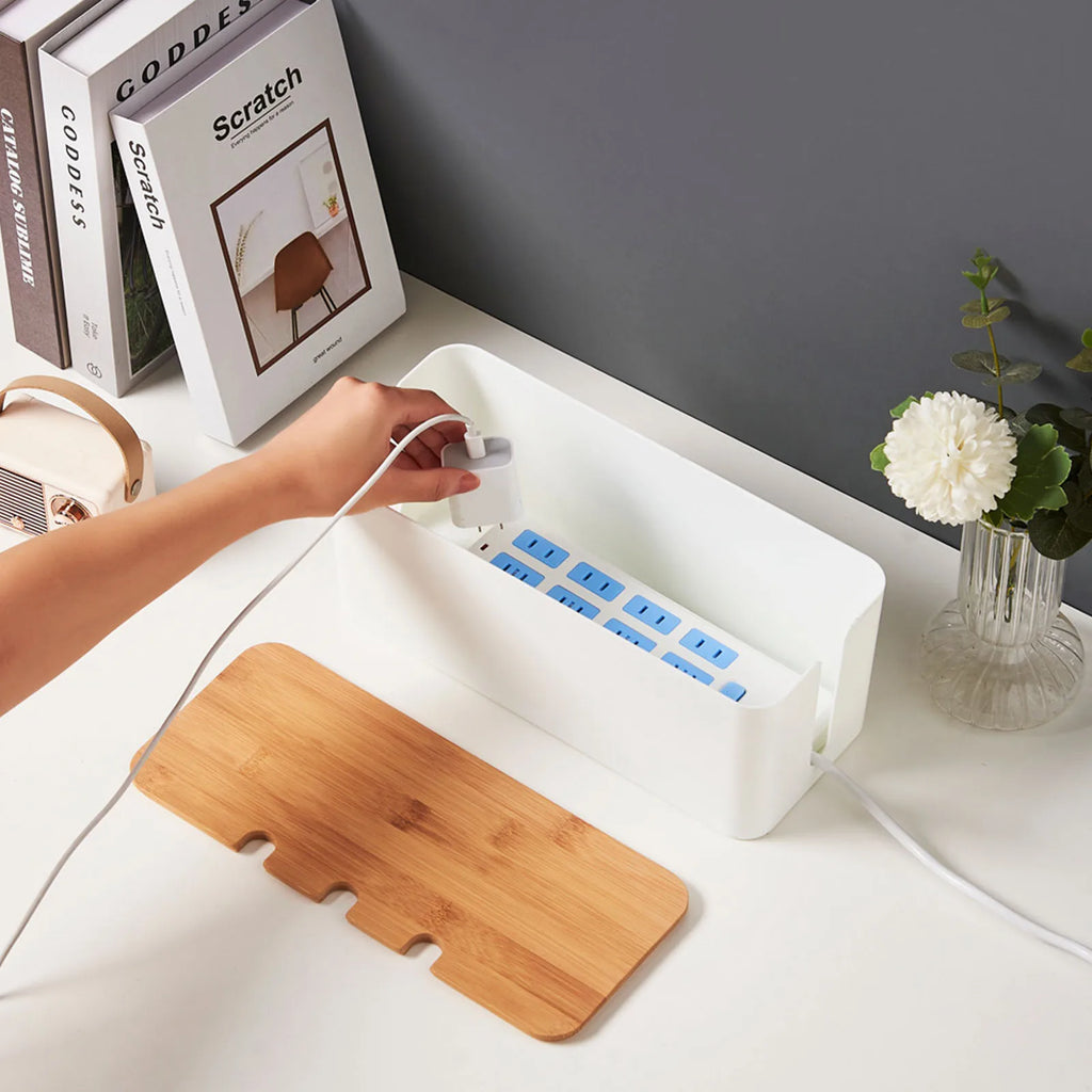 Cable Management Box - Wooden Style Cord Organizer for Desk & TV