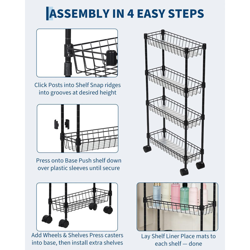 Slim Metal Rolling Storage Cart for Kitchen and Bathroom
