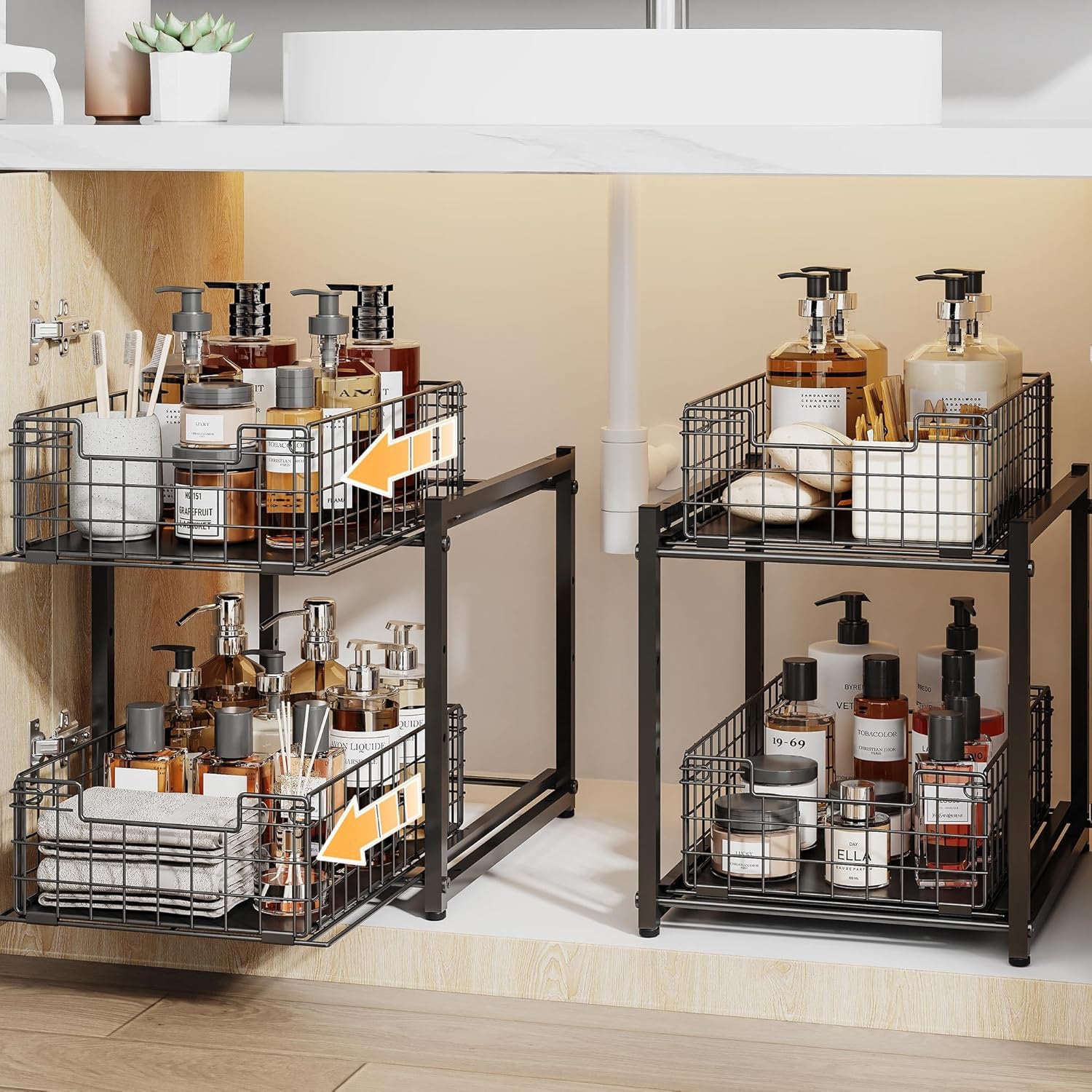2-Tier Pull Out Under Sink Organizer - Carbon Steel Cabinet Storage